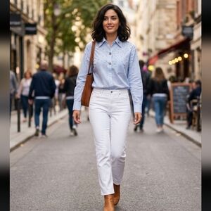 Blue And White With Diamond Rhinestone Buttons Accent Buttoned Up